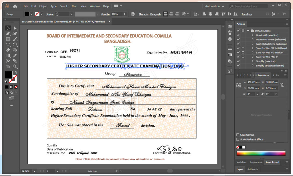 HSC certificate editable FILE