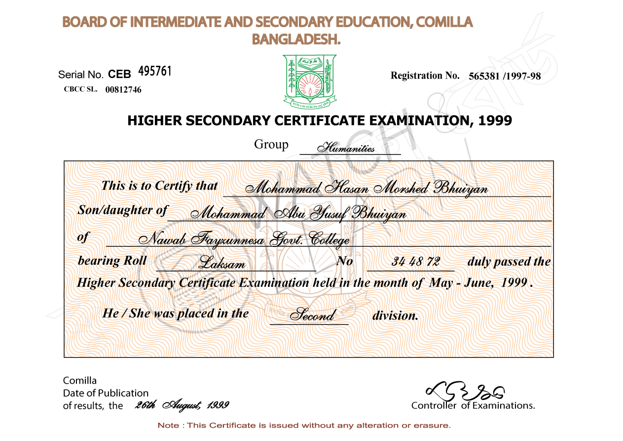 HSC Certificate editable file