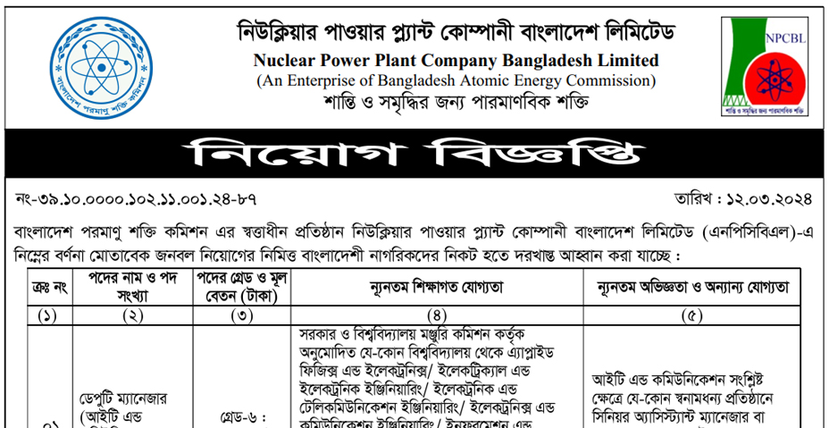 Nuclear Power Plant Company Job Circular 2024