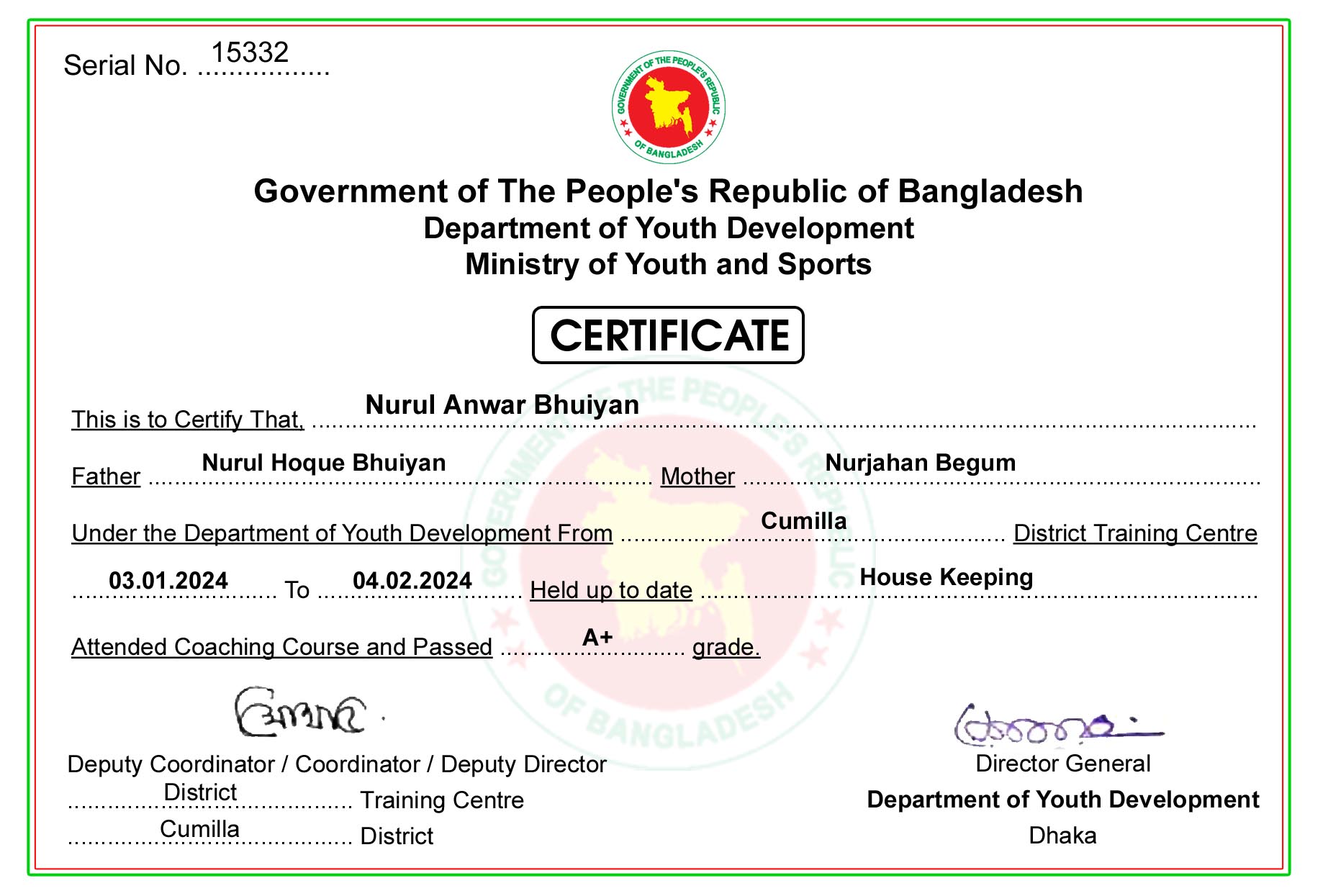 Housekeeping Certificate Format